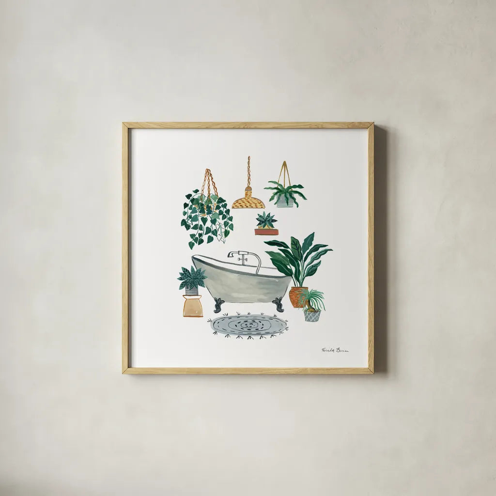 Boho Bathroom II by Farida Zaman. Shown in a natural wood glass frame for a timeless modern aesthetic. Available as an archival giclee rolled canvas, fine art paper, or poster print. SKU 82871a.