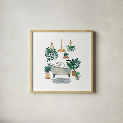 Boho Bathroom II by Farida Zaman. Shown in a natural wood glass frame for a timeless modern aesthetic. Available as an archival giclee rolled canvas, fine art paper, or poster print. SKU 82871a.