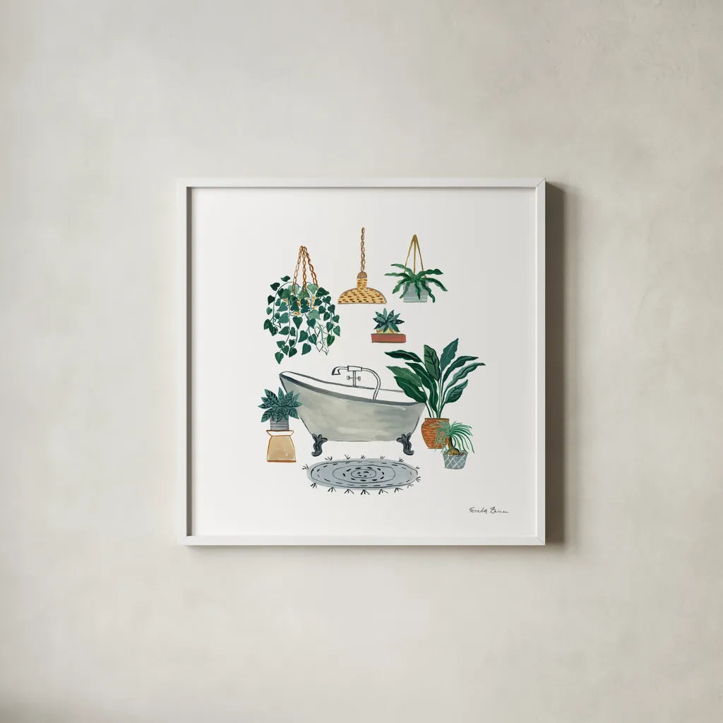 Boho Bathroom II by Farida Zaman. Shown in a crisp white glass frame for a clean and minimalist style. Available as an archival giclee rolled canvas, fine art paper, or poster print. SKU 82871a.