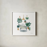 Boho Bathroom II by Farida Zaman. Shown in a crisp white glass frame for a clean and minimalist style. Available as an archival giclee rolled canvas, fine art paper, or poster print. SKU 82871a.