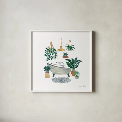 Boho Bathroom II by Farida Zaman. Shown in a crisp white glass frame for a clean and minimalist style. Available as an archival giclee rolled canvas, fine art paper, or poster print. SKU 82871a.