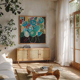 Bold by Farida Zaman. Shown in a natural wood frame in a cozy modern living room. Available as an archival giclee rolled canvas, fine art paper, or poster print. SKU 38707a.