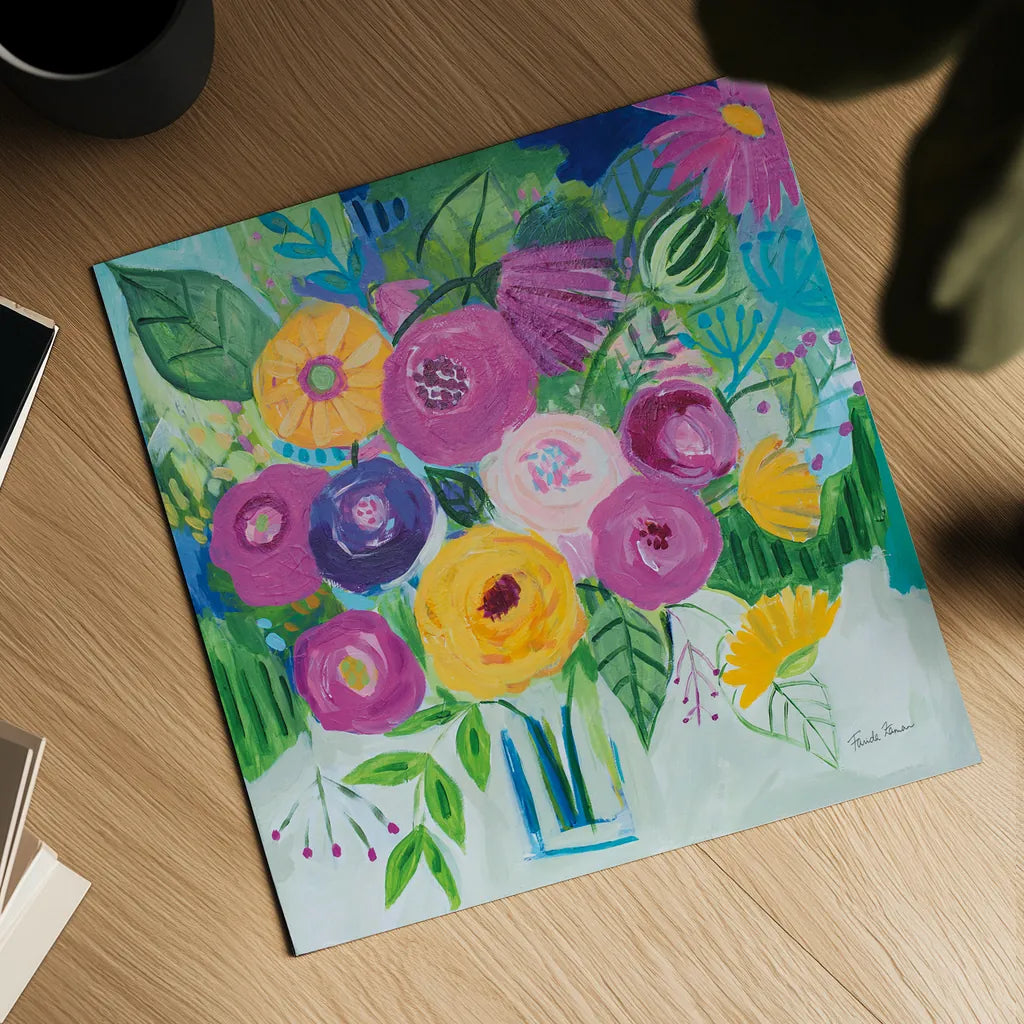 Bold Florals by Farida Zaman. Shown as a detailed flat fine art print, highlighting archival giclee quality. Available as an archival giclee rolled canvas, fine art paper, or poster print. SKU 60945a.