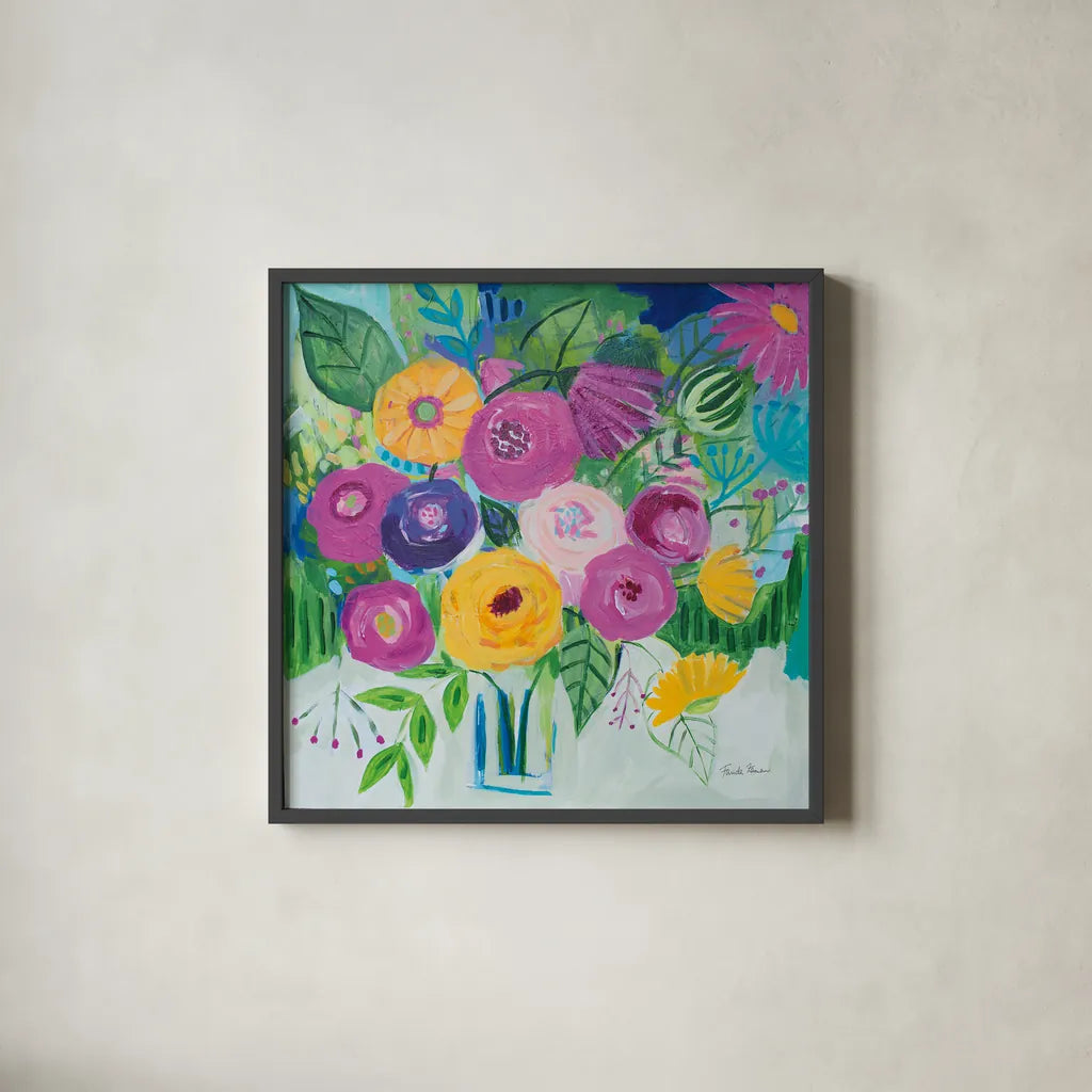 Bold Florals by Farida Zaman. Shown in a sleek black glass frame for a contemporary gallery look. Available as an archival giclee rolled canvas, fine art paper, or poster print. SKU 60945a.