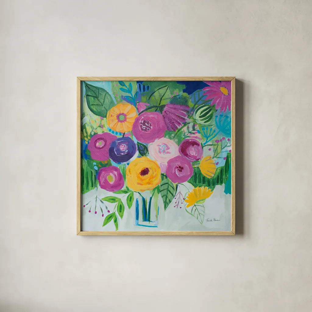 Bold Florals by Farida Zaman. Shown in a natural wood glass frame for a timeless modern aesthetic. Available as an archival giclee rolled canvas, fine art paper, or poster print. SKU 60945a.