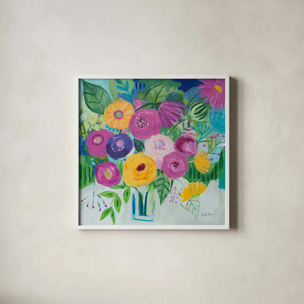 Bold Florals by Farida Zaman. Shown in a crisp white glass frame for a clean and minimalist style. Available as an archival giclee rolled canvas, fine art paper, or poster print. SKU 60945a.
