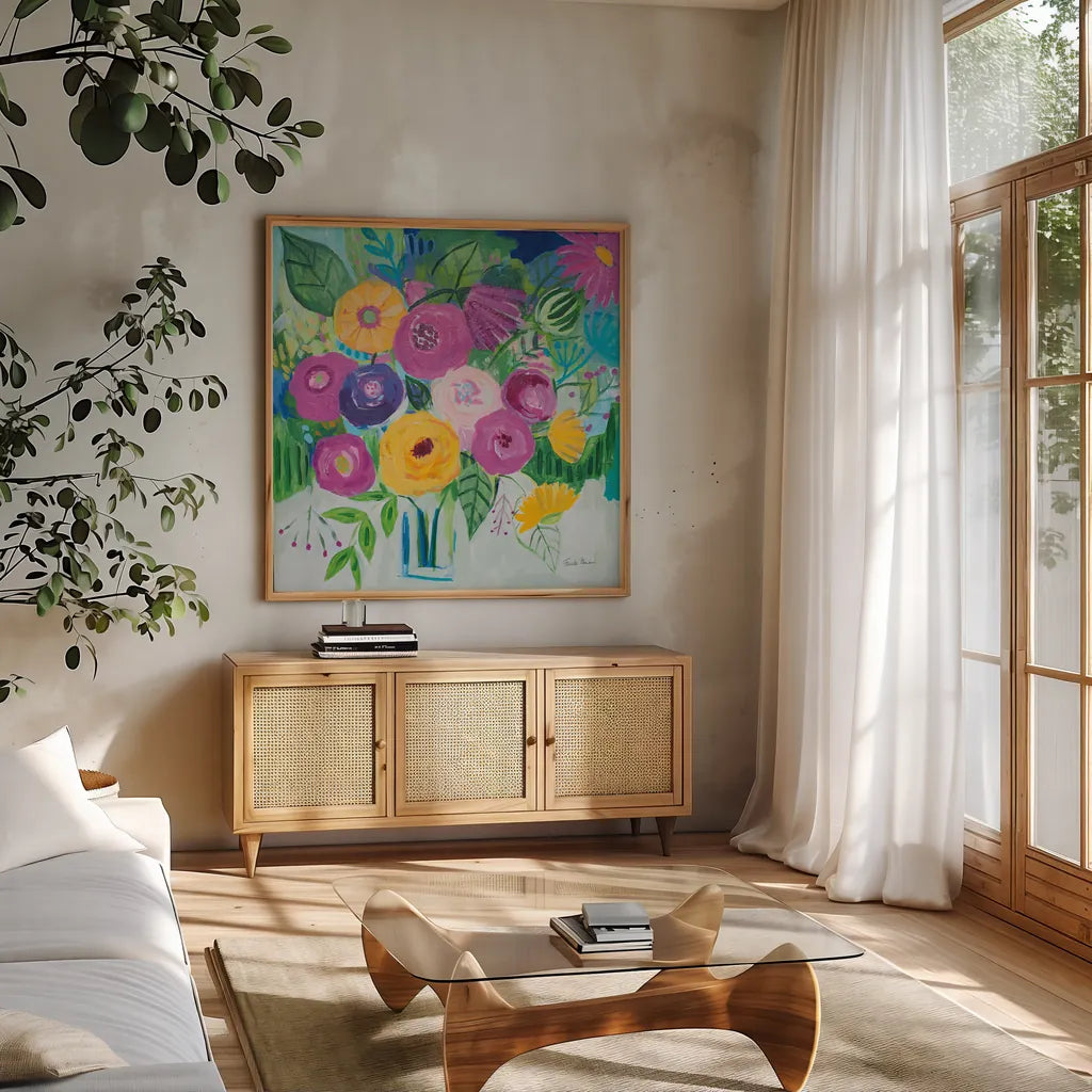 Bold Florals by Farida Zaman. Shown in a natural wood frame in a cozy modern living room. Available as an archival giclee rolled canvas, fine art paper, or poster print. SKU 60945a.