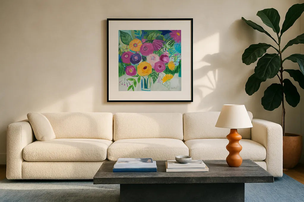 Bold Florals by Farida Zaman. Displayed in a glass frame with matte in a clean modern living room. Available as an archival giclee rolled canvas, fine art paper, or poster print. SKU 60945a.