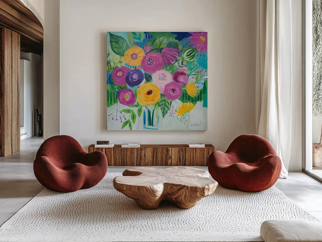 Bold Florals by Farida Zaman. Shown as extra-large giant wall art in a modern living room. Available as an archival giclee rolled canvas, fine art paper, or poster print. SKU 60945a.