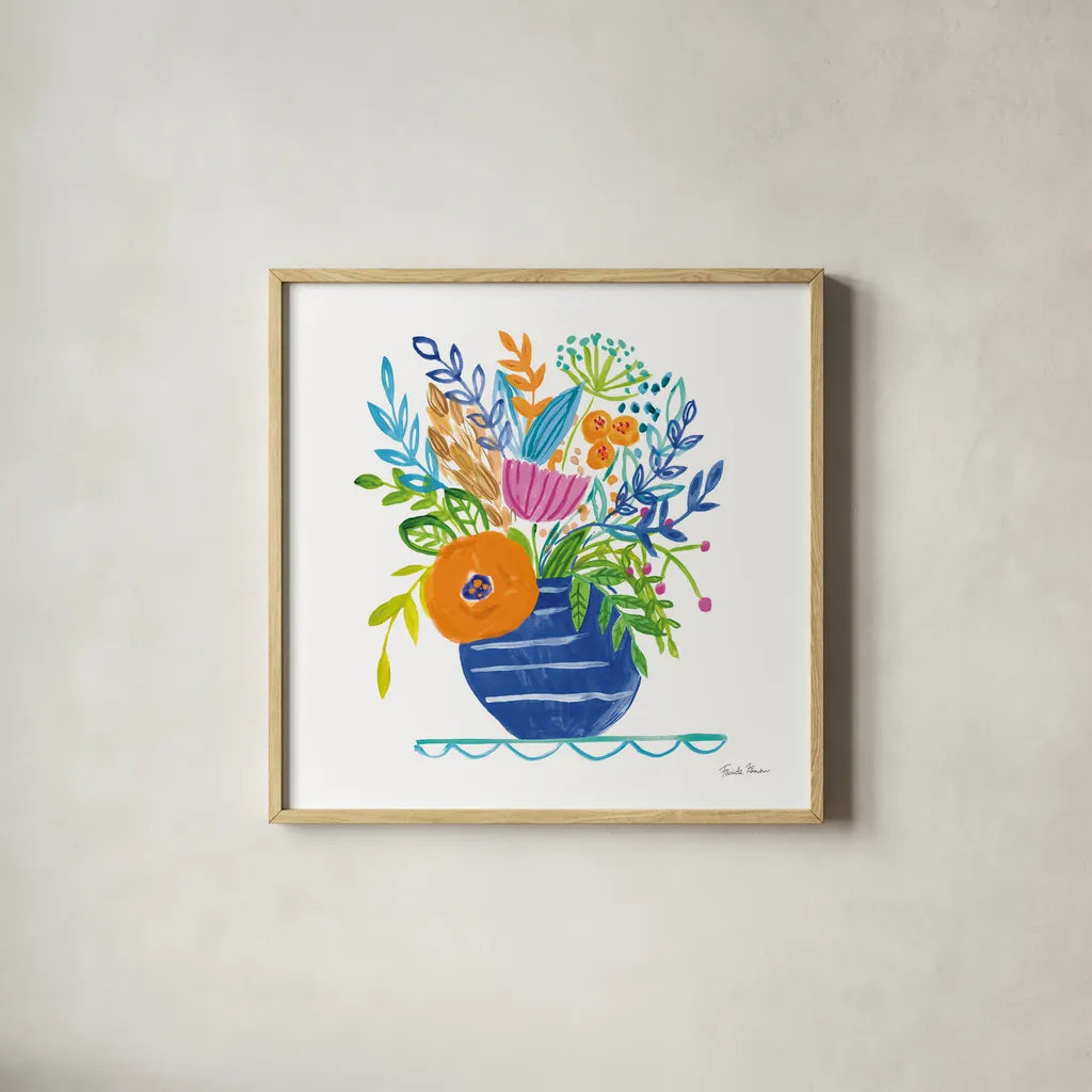 Bountiful Blooms II by Farida Zaman. Shown in a natural wood glass frame for a timeless modern aesthetic. Available as an archival giclee rolled canvas, fine art paper, or poster print. SKU 63536a.