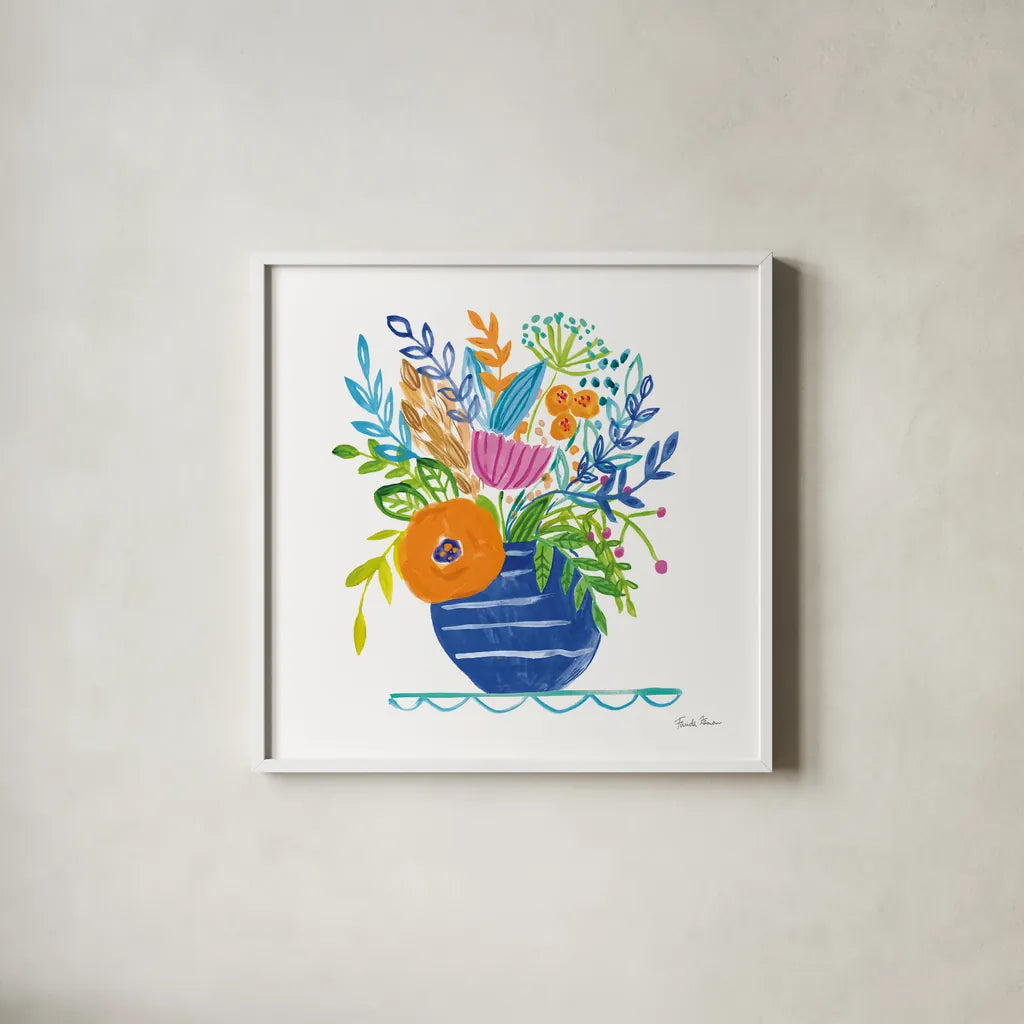 Bountiful Blooms II by Farida Zaman. Shown in a crisp white glass frame for a clean and minimalist style. Available as an archival giclee rolled canvas, fine art paper, or poster print. SKU 63536a.