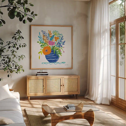 Bountiful Blooms II by Farida Zaman. Shown in a natural wood frame in a cozy modern living room. Available as an archival giclee rolled canvas, fine art paper, or poster print. SKU 63536a.