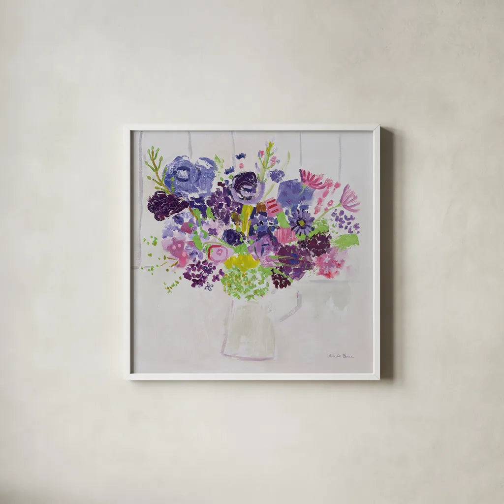 Bouquet for You by Farida Zaman. Shown in a crisp white glass frame for a clean and minimalist style. Available as an archival giclee rolled canvas, fine art paper, or poster print. SKU 44832a.