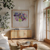 Bouquet for You by Farida Zaman. Shown in a natural wood frame in a cozy modern living room. Available as an archival giclee rolled canvas, fine art paper, or poster print. SKU 44832a.