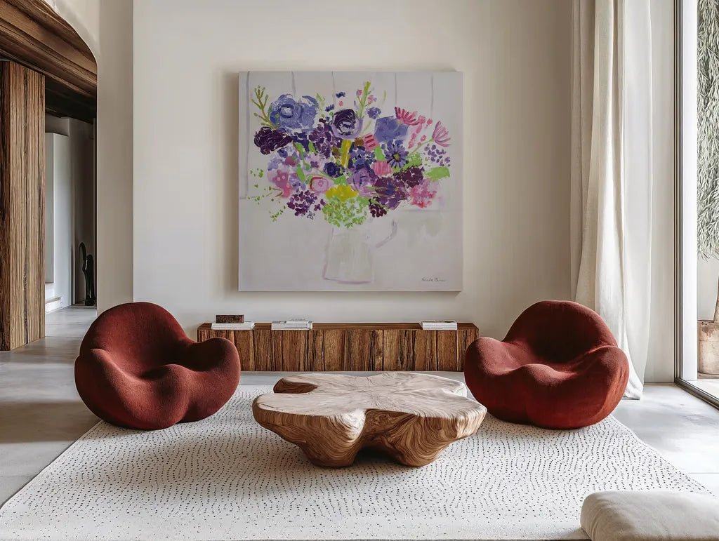 Bouquet for You by Farida Zaman. Shown as extra-large giant wall art in a modern living room. Available as an archival giclee rolled canvas, fine art paper, or poster print. SKU 44832a.