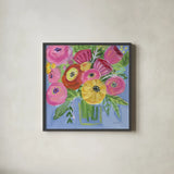 Bright Bouquet by Farida Zaman. Shown in a sleek black glass frame for a contemporary gallery look. Available as an archival giclee rolled canvas, fine art paper, or poster print. SKU 96315a.