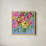 Bright Bouquet by Farida Zaman. Shown in a natural wood glass frame for a timeless modern aesthetic. Available as an archival giclee rolled canvas, fine art paper, or poster print. SKU 96315a.