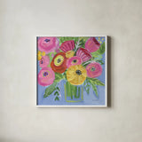 Bright Bouquet by Farida Zaman. Shown in a crisp white glass frame for a clean and minimalist style. Available as an archival giclee rolled canvas, fine art paper, or poster print. SKU 96315a.