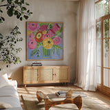 Bright Bouquet by Farida Zaman. Shown in a natural wood frame in a cozy modern living room. Available as an archival giclee rolled canvas, fine art paper, or poster print. SKU 96315a.