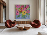 Bright Bouquet by Farida Zaman. Shown as extra-large giant wall art in a modern living room. Available as an archival giclee rolled canvas, fine art paper, or poster print. SKU 96315a.