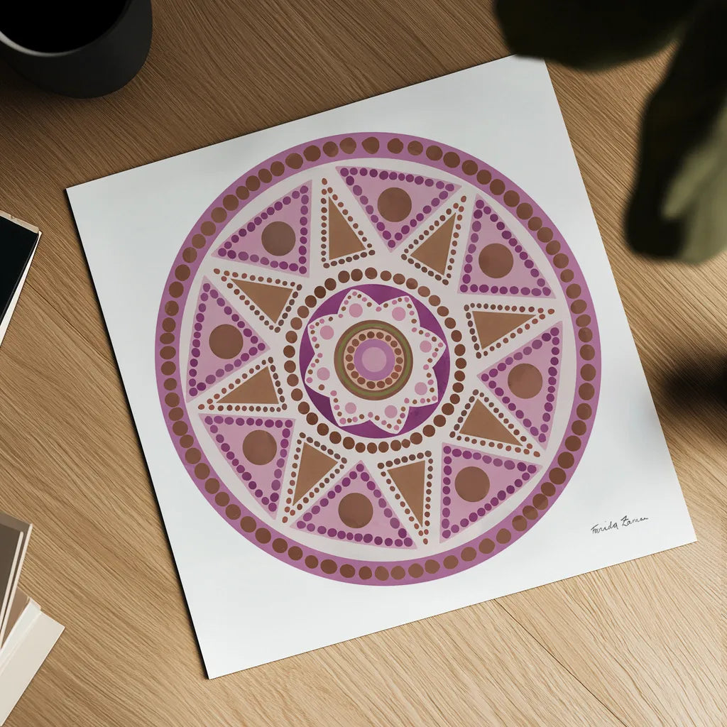 Bright Mandala I by Farida Zaman. Shown as a detailed flat fine art print, highlighting archival giclee quality. Available as an archival giclee rolled canvas, fine art paper, or poster print. SKU 88141a.