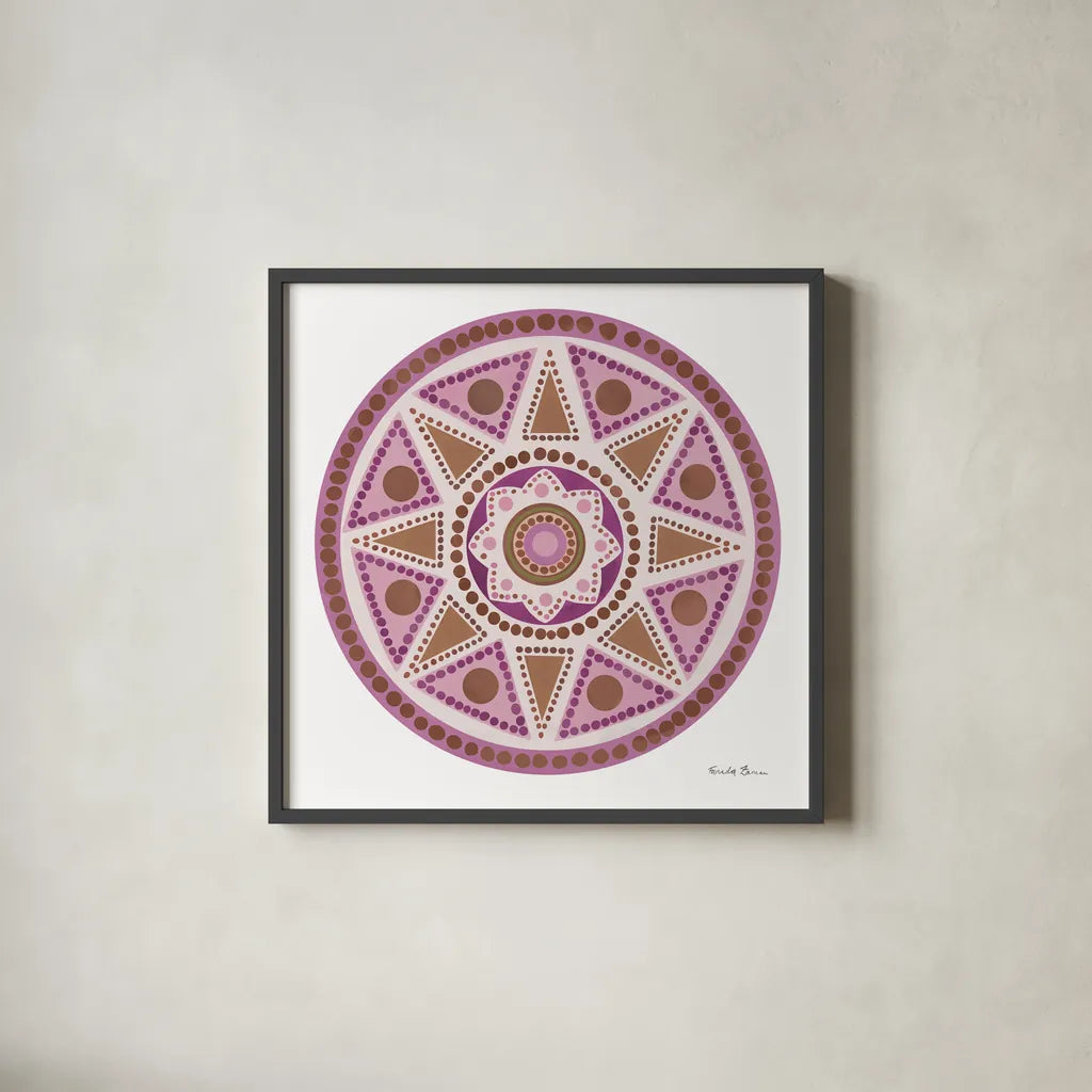 Bright Mandala I by Farida Zaman. Shown in a sleek black glass frame for a contemporary gallery look. Available as an archival giclee rolled canvas, fine art paper, or poster print. SKU 88141a.