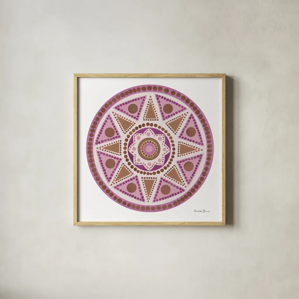 Bright Mandala I by Farida Zaman. Shown in a natural wood glass frame for a timeless modern aesthetic. Available as an archival giclee rolled canvas, fine art paper, or poster print. SKU 88141a.