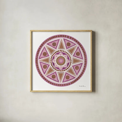 Bright Mandala I by Farida Zaman. Shown in a natural wood glass frame for a timeless modern aesthetic. Available as an archival giclee rolled canvas, fine art paper, or poster print. SKU 88141a.