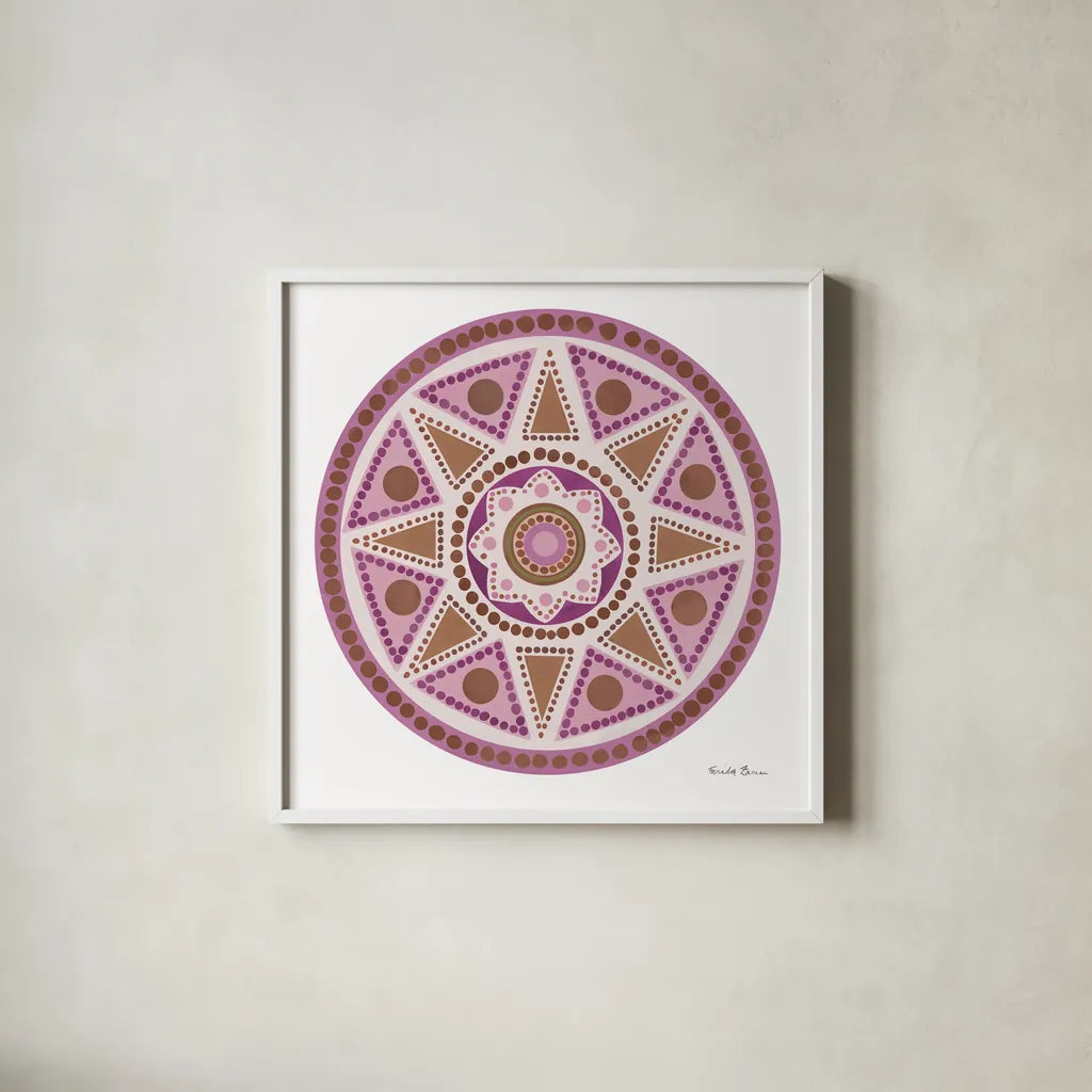 Bright Mandala I by Farida Zaman. Shown in a crisp white glass frame for a clean and minimalist style. Available as an archival giclee rolled canvas, fine art paper, or poster print. SKU 88141a.