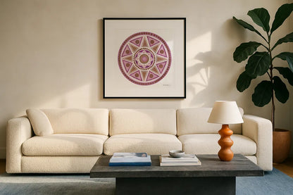 Bright Mandala I by Farida Zaman. Displayed in a glass frame with matte in a clean modern living room. Available as an archival giclee rolled canvas, fine art paper, or poster print. SKU 88141a.