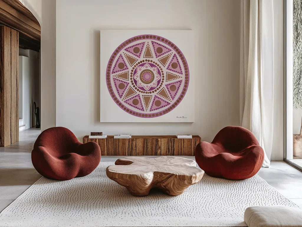 Bright Mandala I by Farida Zaman. Shown as extra-large giant wall art in a modern living room. Available as an archival giclee rolled canvas, fine art paper, or poster print. SKU 88141a.