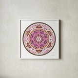 Bright Mandala II by Farida Zaman. Shown in a crisp white glass frame for a clean and minimalist style. Available as an archival giclee rolled canvas, fine art paper, or poster print. SKU 88142a.