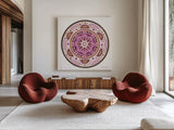 Bright Mandala II by Farida Zaman. Shown as extra-large giant wall art in a modern living room. Available as an archival giclee rolled canvas, fine art paper, or poster print. SKU 88142a.
