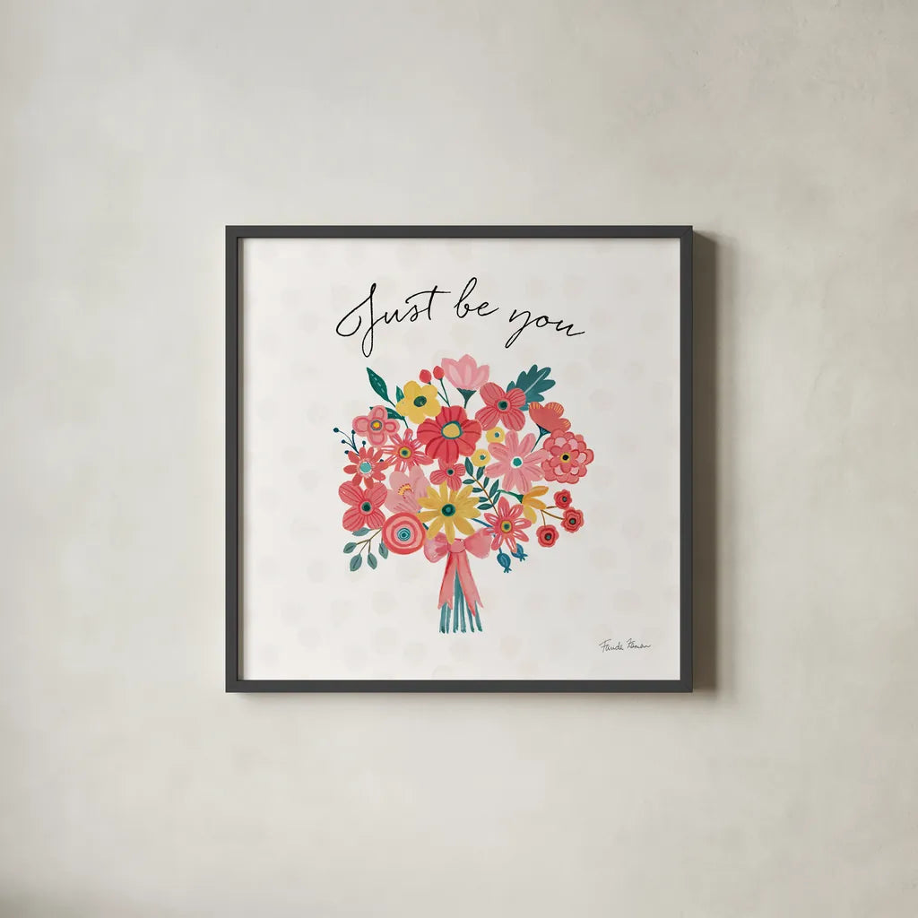 Bright Petals II by Farida Zaman. Shown in a sleek black glass frame for a contemporary gallery look. Available as an archival giclee rolled canvas, fine art paper, or poster print. SKU 54191a.