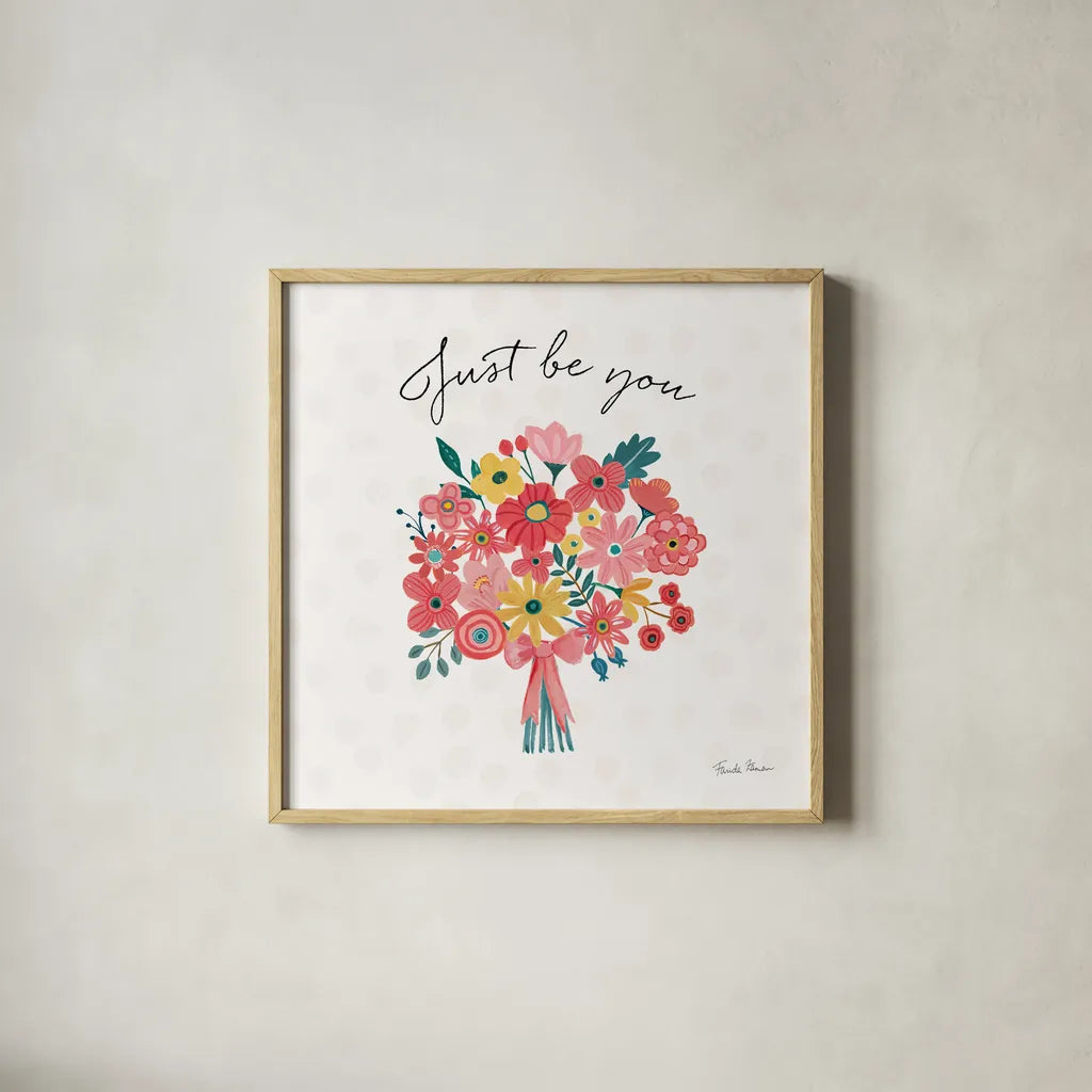 Bright Petals II by Farida Zaman. Shown in a natural wood glass frame for a timeless modern aesthetic. Available as an archival giclee rolled canvas, fine art paper, or poster print. SKU 54191a.