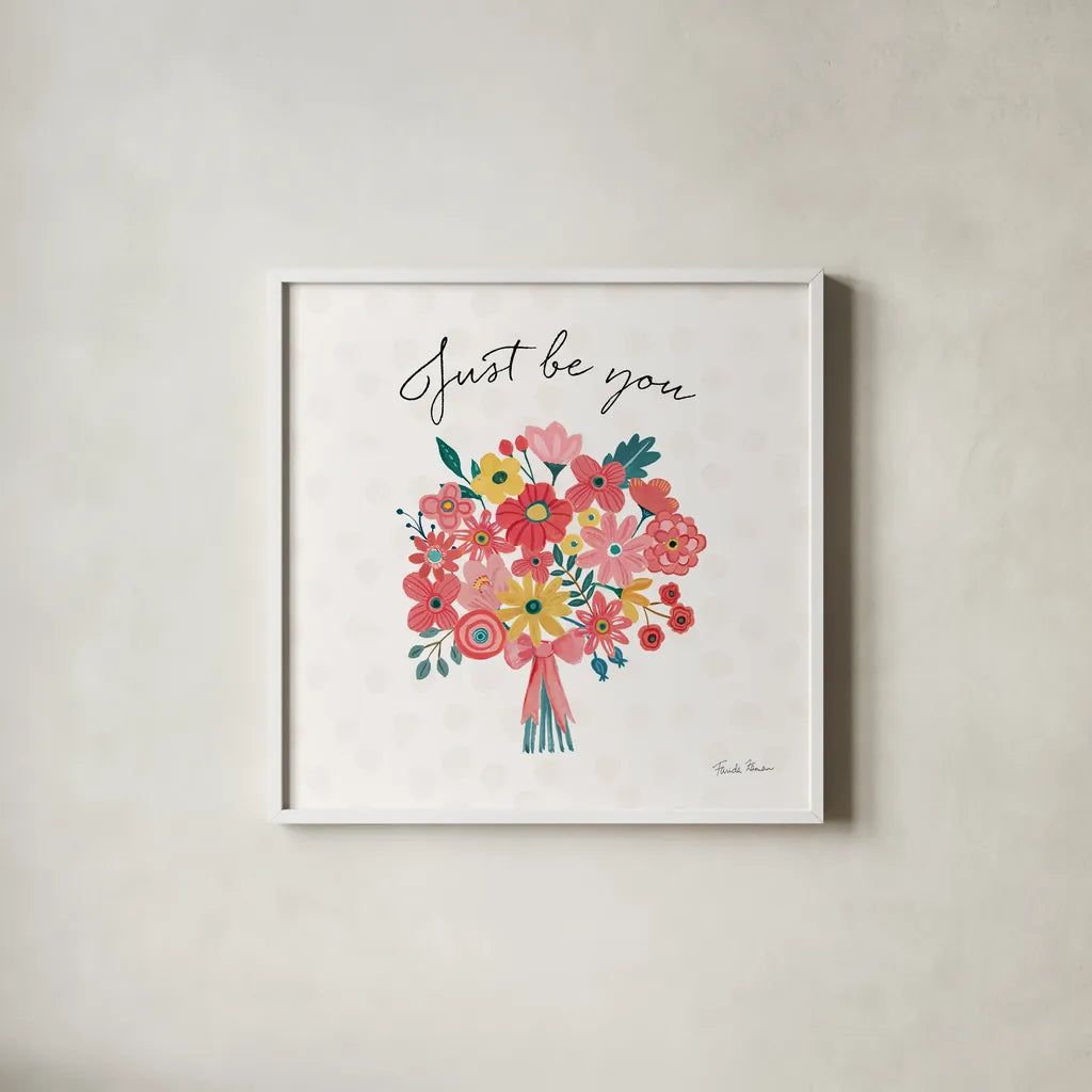 Bright Petals II by Farida Zaman. Shown in a crisp white glass frame for a clean and minimalist style. Available as an archival giclee rolled canvas, fine art paper, or poster print. SKU 54191a.