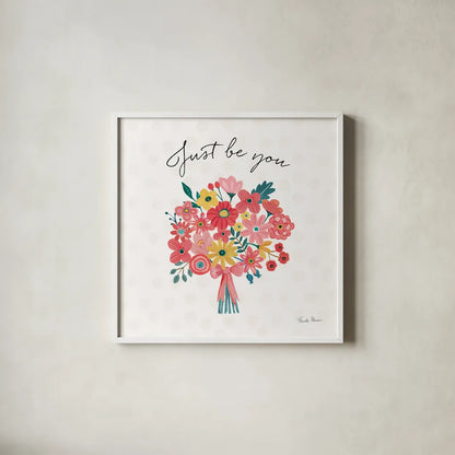 Bright Petals II by Farida Zaman. Shown in a crisp white glass frame for a clean and minimalist style. Available as an archival giclee rolled canvas, fine art paper, or poster print. SKU 54191a.