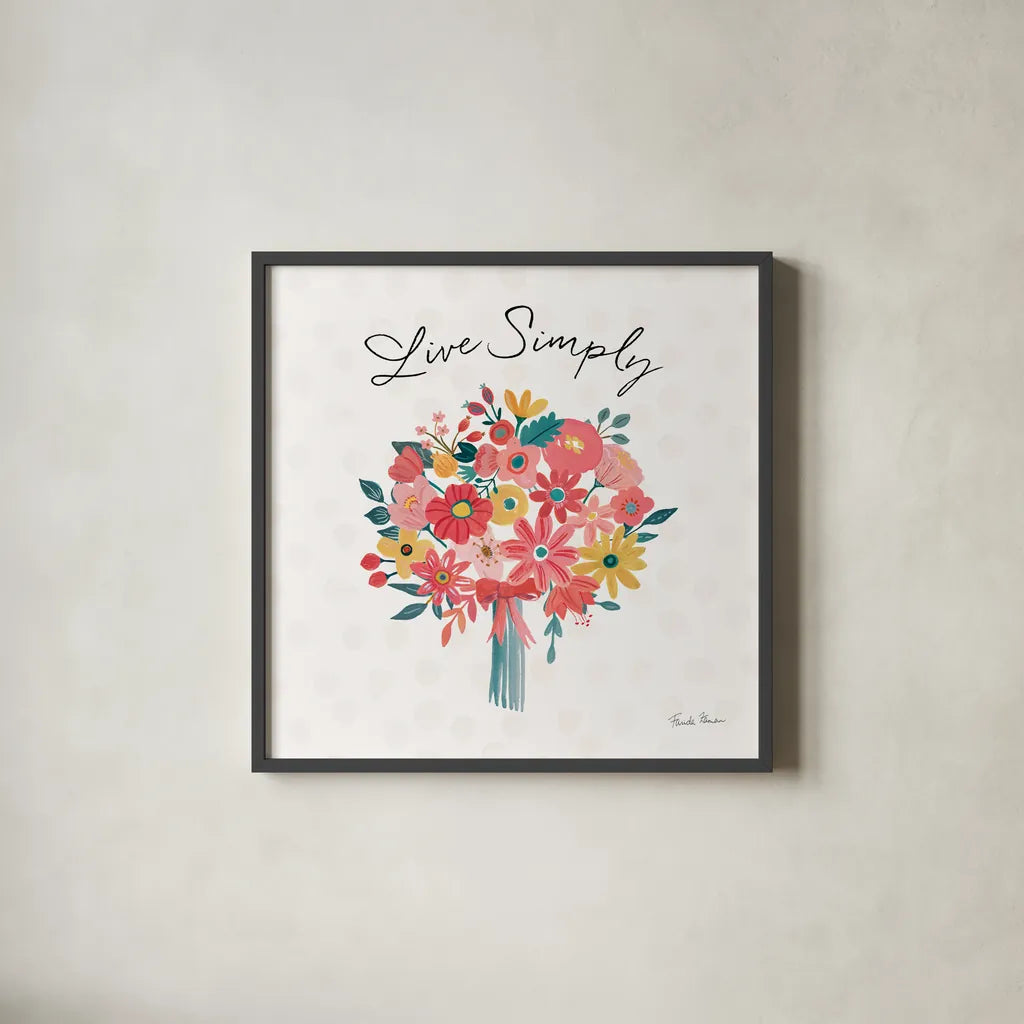 Bright Petals III by Farida Zaman. Shown in a sleek black glass frame for a contemporary gallery look. Available as an archival giclee rolled canvas, fine art paper, or poster print. SKU 54192a.