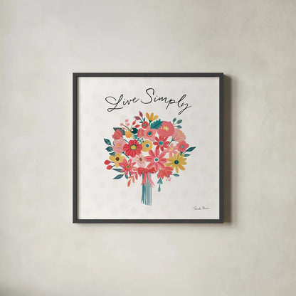 Bright Petals III by Farida Zaman. Shown in a sleek black glass frame for a contemporary gallery look. Available as an archival giclee rolled canvas, fine art paper, or poster print. SKU 54192a.
