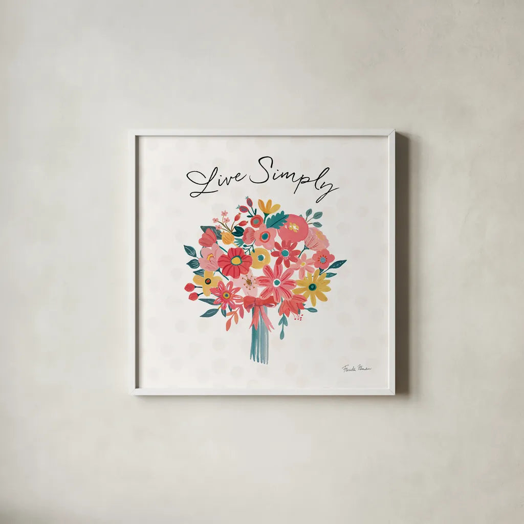 Bright Petals III by Farida Zaman. Shown in a crisp white glass frame for a clean and minimalist style. Available as an archival giclee rolled canvas, fine art paper, or poster print. SKU 54192a.