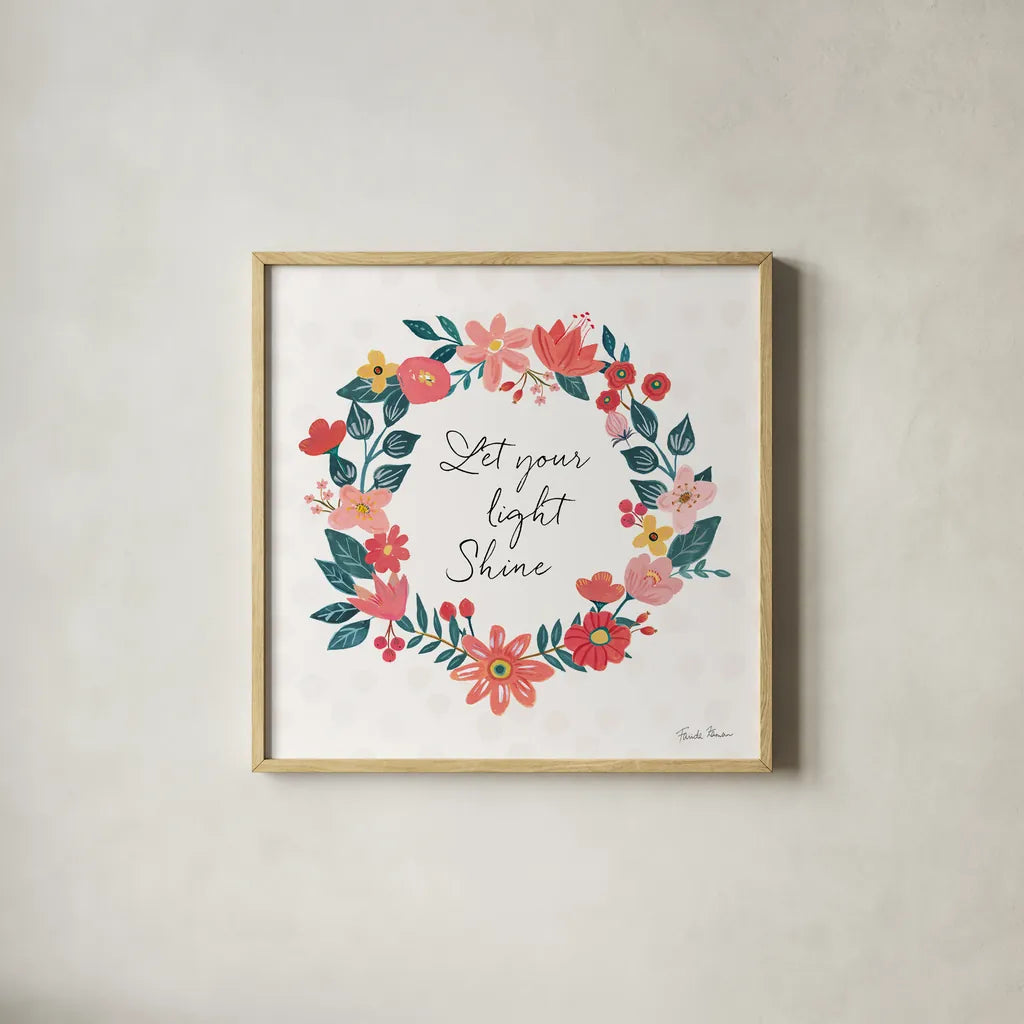 Bright Petals IV by Farida Zaman. Shown in a natural wood glass frame for a timeless modern aesthetic. Available as an archival giclee rolled canvas, fine art paper, or poster print. SKU 54193a.