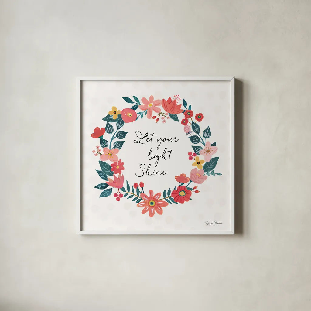 Bright Petals IV by Farida Zaman. Shown in a crisp white glass frame for a clean and minimalist style. Available as an archival giclee rolled canvas, fine art paper, or poster print. SKU 54193a.