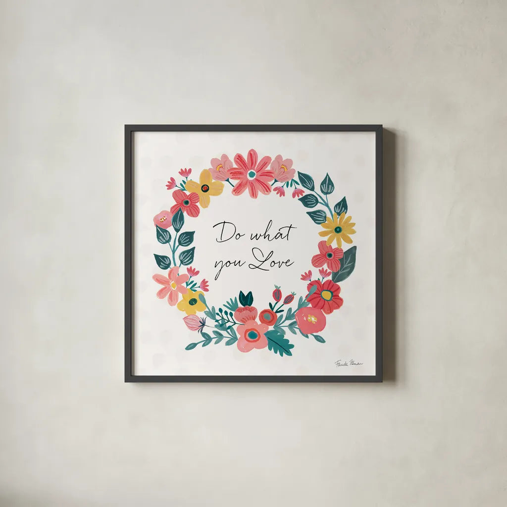 Bright Petals V by Farida Zaman. Shown in a sleek black glass frame for a contemporary gallery look. Available as an archival giclee rolled canvas, fine art paper, or poster print. SKU 54194a.