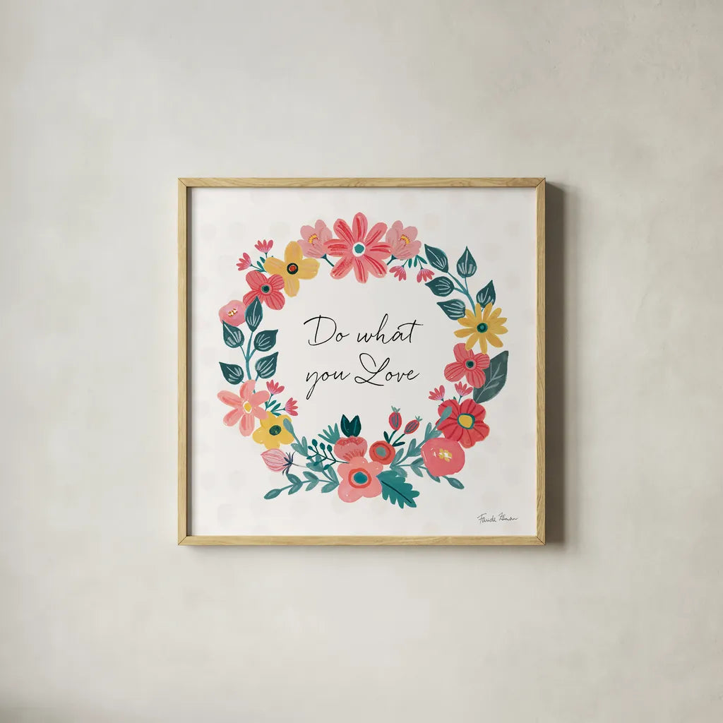 Bright Petals V by Farida Zaman. Shown in a natural wood glass frame for a timeless modern aesthetic. Available as an archival giclee rolled canvas, fine art paper, or poster print. SKU 54194a.