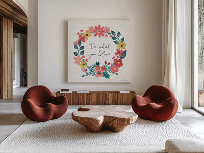 Bright Petals V by Farida Zaman. Shown as extra-large giant wall art in a modern living room. Available as an archival giclee rolled canvas, fine art paper, or poster print. SKU 54194a.