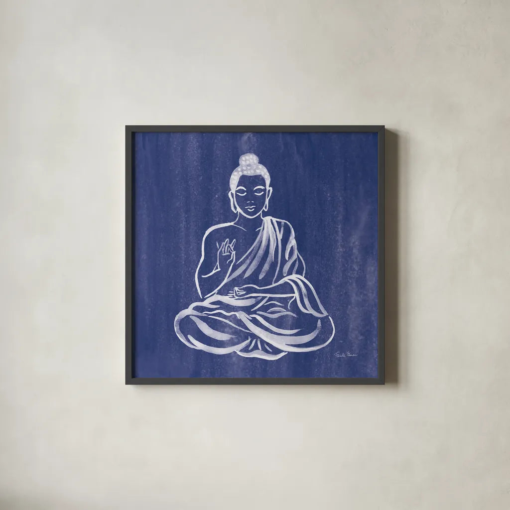 Buddha by Farida Zaman. Shown in a sleek black glass frame for a contemporary gallery look. Available as an archival giclee rolled canvas, fine art paper, or poster print. SKU 64620a.