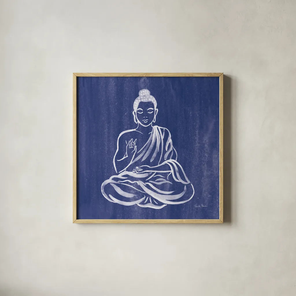 Buddha by Farida Zaman. Shown in a natural wood glass frame for a timeless modern aesthetic. Available as an archival giclee rolled canvas, fine art paper, or poster print. SKU 64620a.