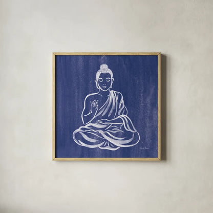 Buddha by Farida Zaman. Shown in a natural wood glass frame for a timeless modern aesthetic. Available as an archival giclee rolled canvas, fine art paper, or poster print. SKU 64620a.