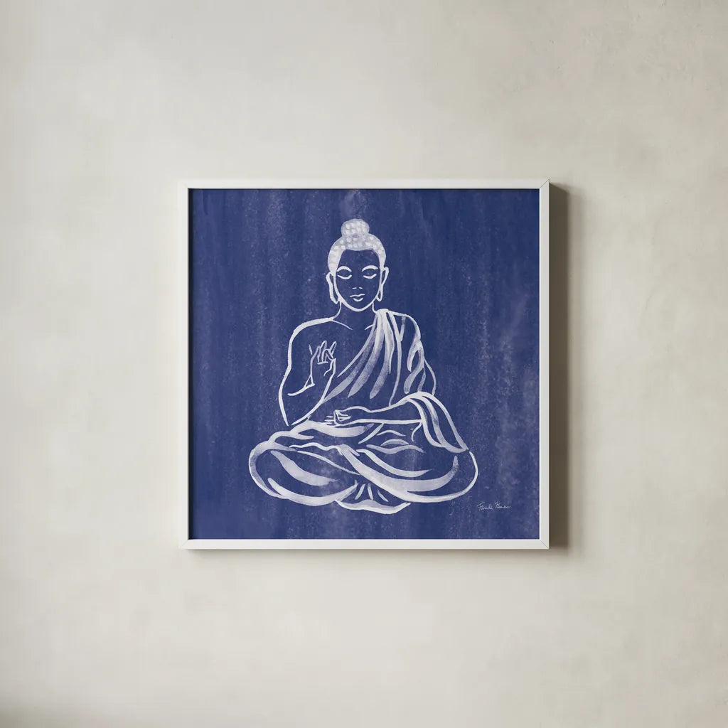 Buddha by Farida Zaman. Shown in a crisp white glass frame for a clean and minimalist style. Available as an archival giclee rolled canvas, fine art paper, or poster print. SKU 64620a.