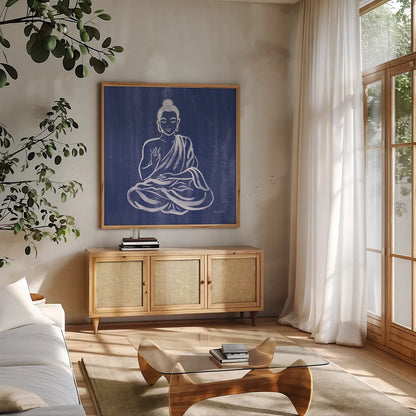 Buddha by Farida Zaman. Shown in a natural wood frame in a cozy modern living room. Available as an archival giclee rolled canvas, fine art paper, or poster print. SKU 64620a.